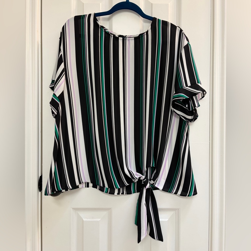 Worthington Black, White, and Green Striped Blouse